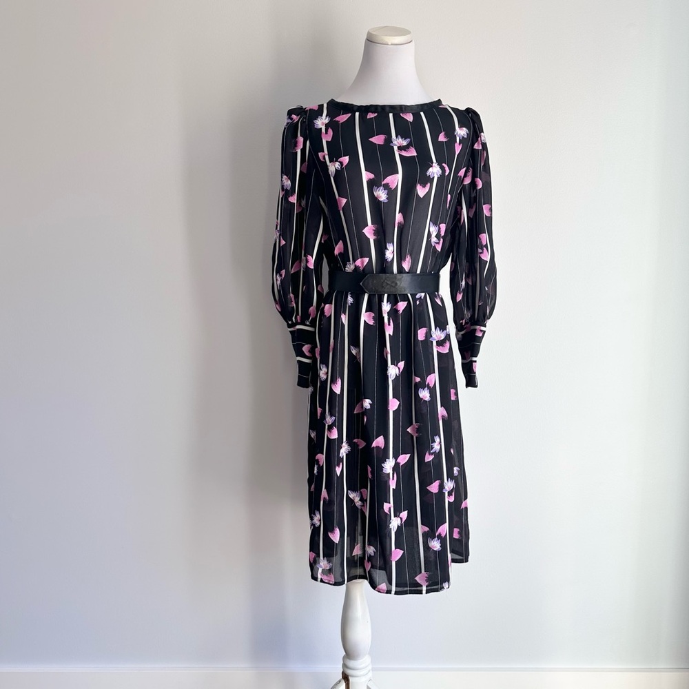 Vintage P.C.F. Petites Hal Ferman Black Floral Print Long Sleeves Sheer Dress